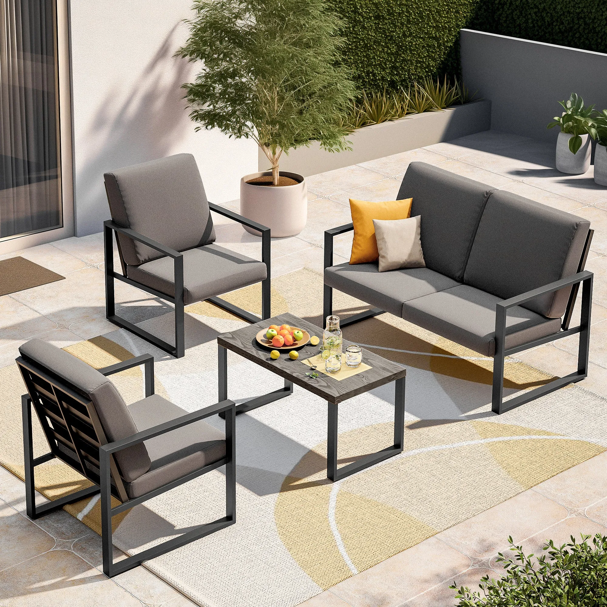 4 Pcs Metal Modern Outdoor Conversation Set with 6'' Cushions