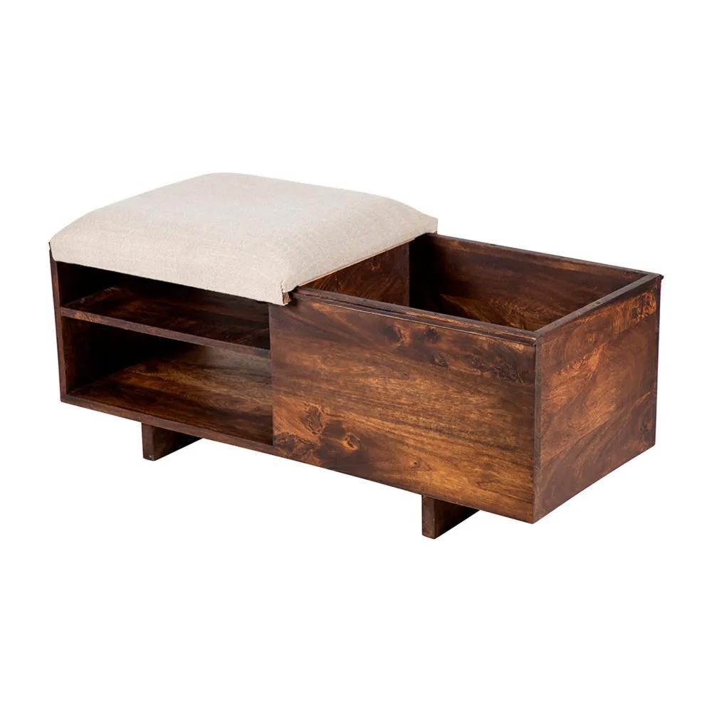 40 Inch Accent Storage Bench, Sliding Cushion Top, Modern, Brown Wood By Casagear Home