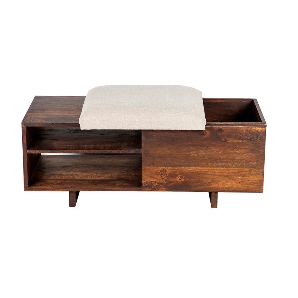 40 Inch Accent Storage Bench, Sliding Cushion Top, Modern, Brown Wood By Casagear Home