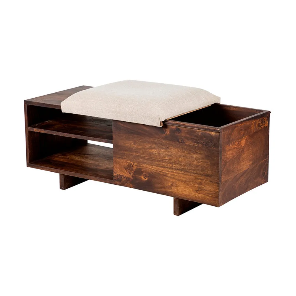 40 Inch Accent Storage Bench, Sliding Cushion Top, Modern, Brown Wood By Casagear Home