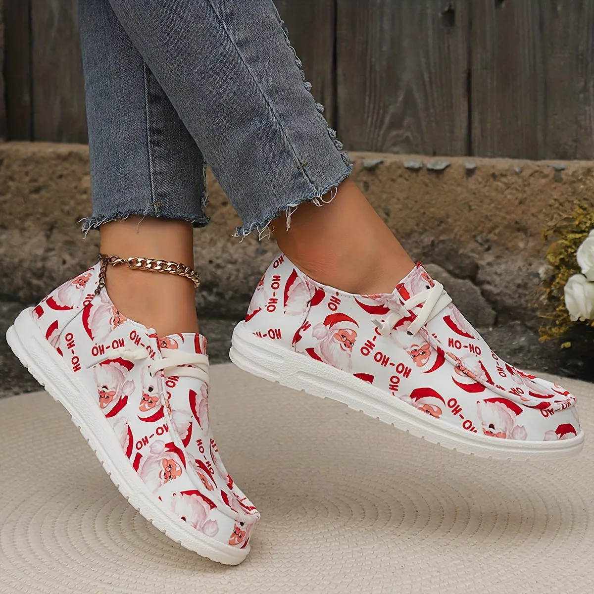 A Festive Christmas Delight: Slip-On Sneakers with Santa Print for Ultimate Comfort and Style