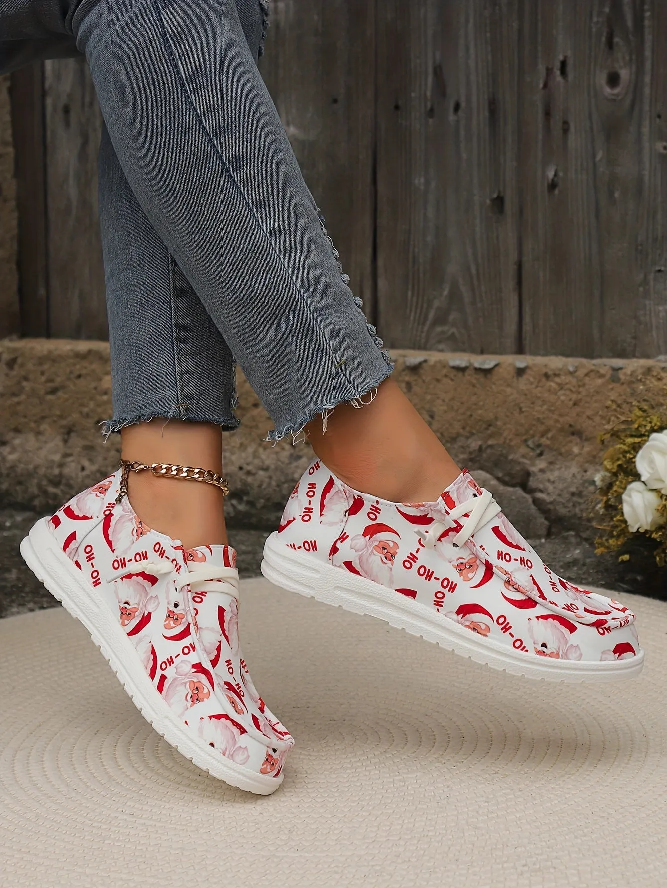 A Festive Christmas Delight: Slip-On Sneakers with Santa Print for Ultimate Comfort and Style