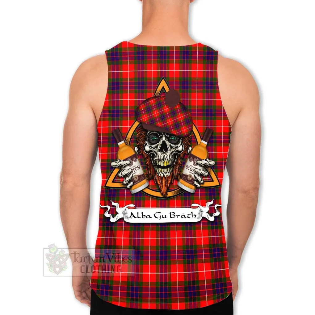 Abernethy Tartan Men's Tank Top with Family Crest and Bearded Skull Holding Bottles of Whiskey