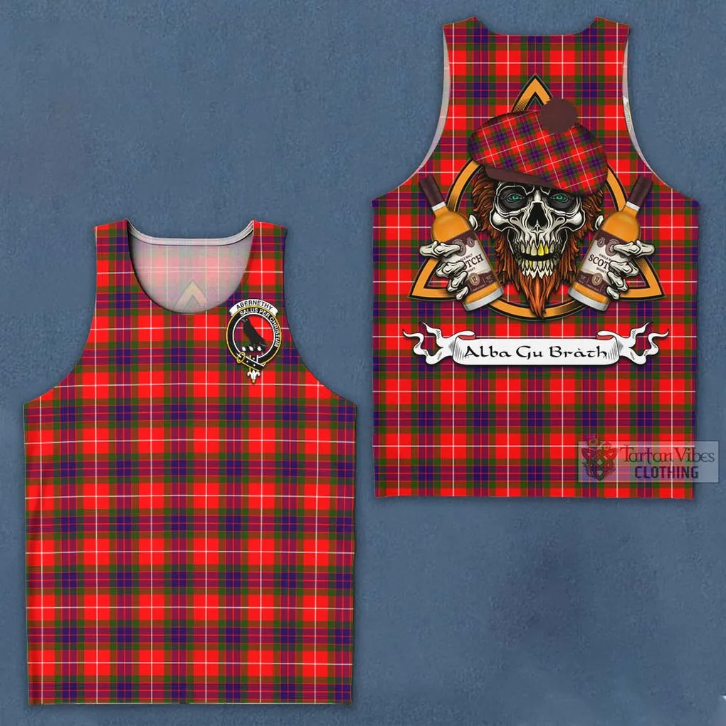 Abernethy Tartan Men's Tank Top with Family Crest and Bearded Skull Holding Bottles of Whiskey