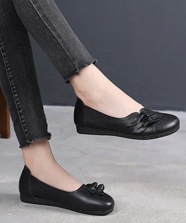 Black Bow Flat Shoes For Women Handmade Cowhide Leather Flat Shoes