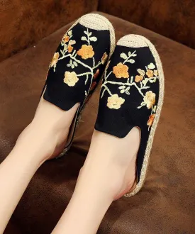 Black Embroideried Cotton Fabric Slippers Shoes