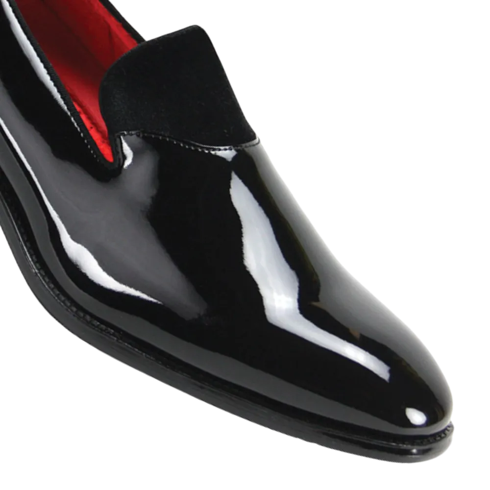 Black men's patent leather tuxedo shoes with velvet by globe footwear