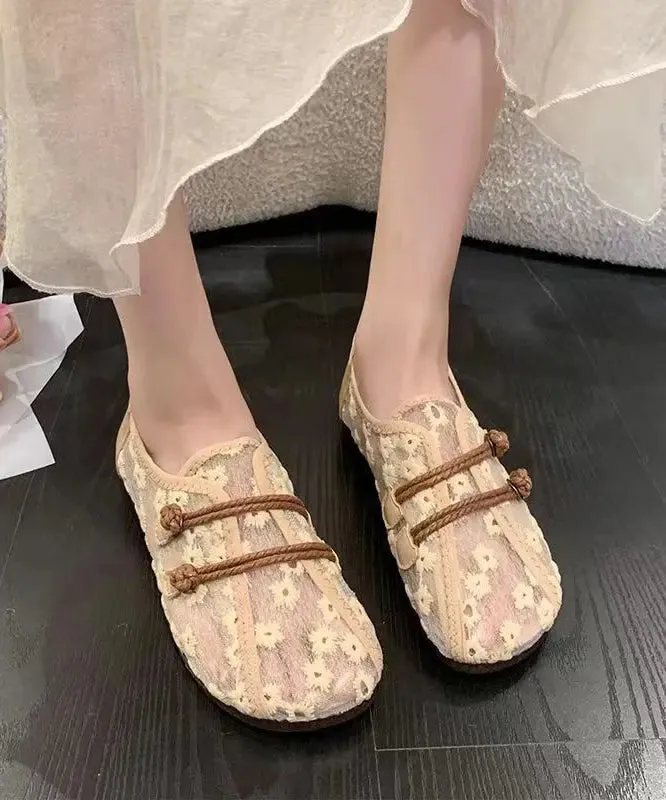 Breathable Mesh Khaki Flat Shoes Embroidery Splicing ML1085