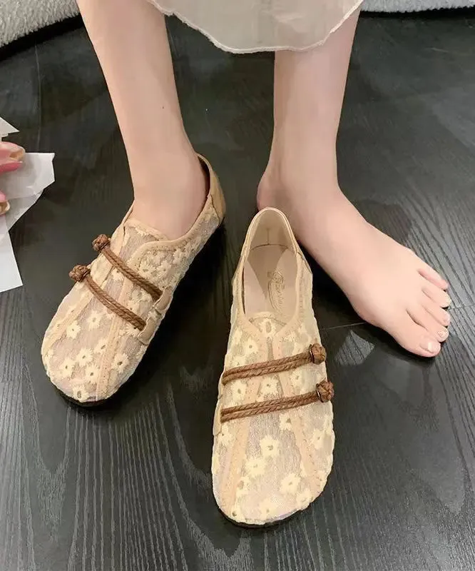 Breathable Mesh Khaki Flat Shoes Embroidery Splicing ML1085