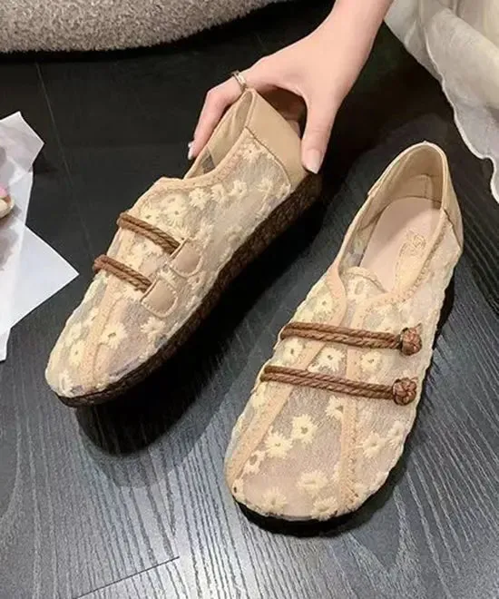 Breathable Mesh Khaki Flat Shoes Embroidery Splicing ML1085