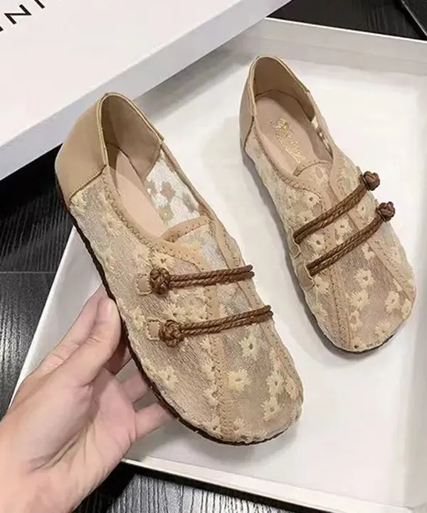 Breathable Mesh Khaki Flat Shoes Embroidery Splicing ML1085