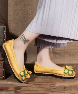 Comfortable Yellow Platform Cowhide Leather Splicing Flat Shoes SL1018