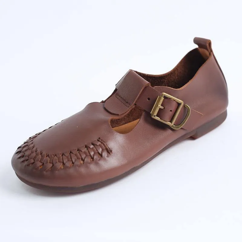 Cowhide Beige Leather Flat Shoes For Women Buckle Strap Hollow Out Flat Shoes