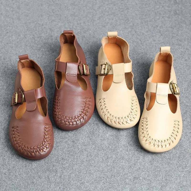 Cowhide Beige Leather Flat Shoes For Women Buckle Strap Hollow Out Flat Shoes