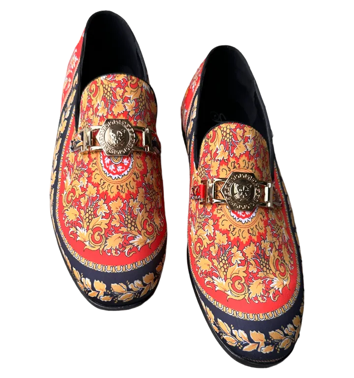 Fashion Design Men's Red Multi Color Slip-On Penny Loafers Shoes Gold Buckle