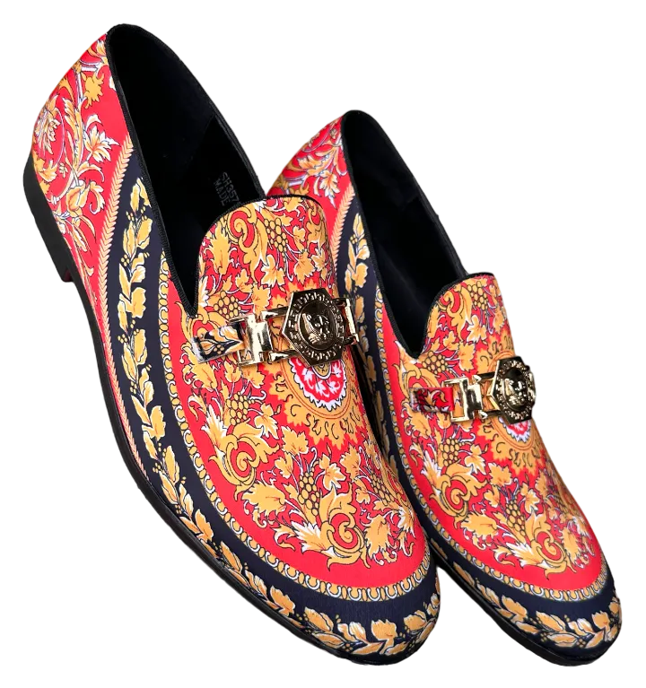 Fashion Design Men's Red Multi Color Slip-On Penny Loafers Shoes Gold Buckle