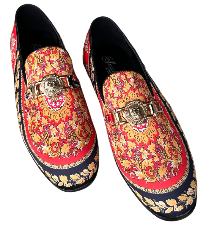 Fashion Design Men's Red Multi Color Slip-On Penny Loafers Shoes Gold Buckle