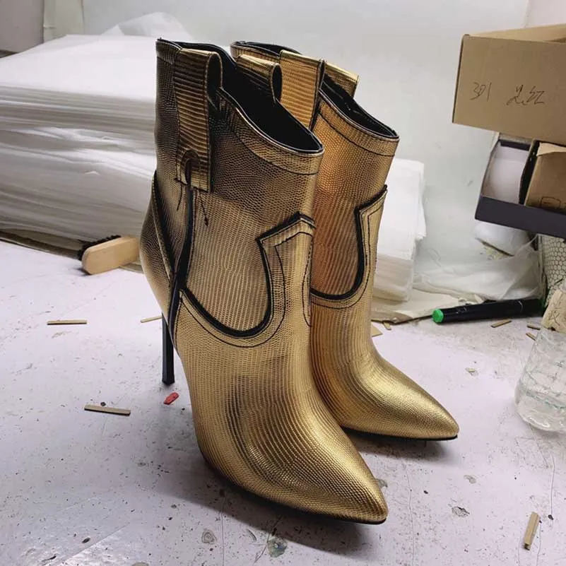 Pointed Toe Gold Stiletto Ankle Boots