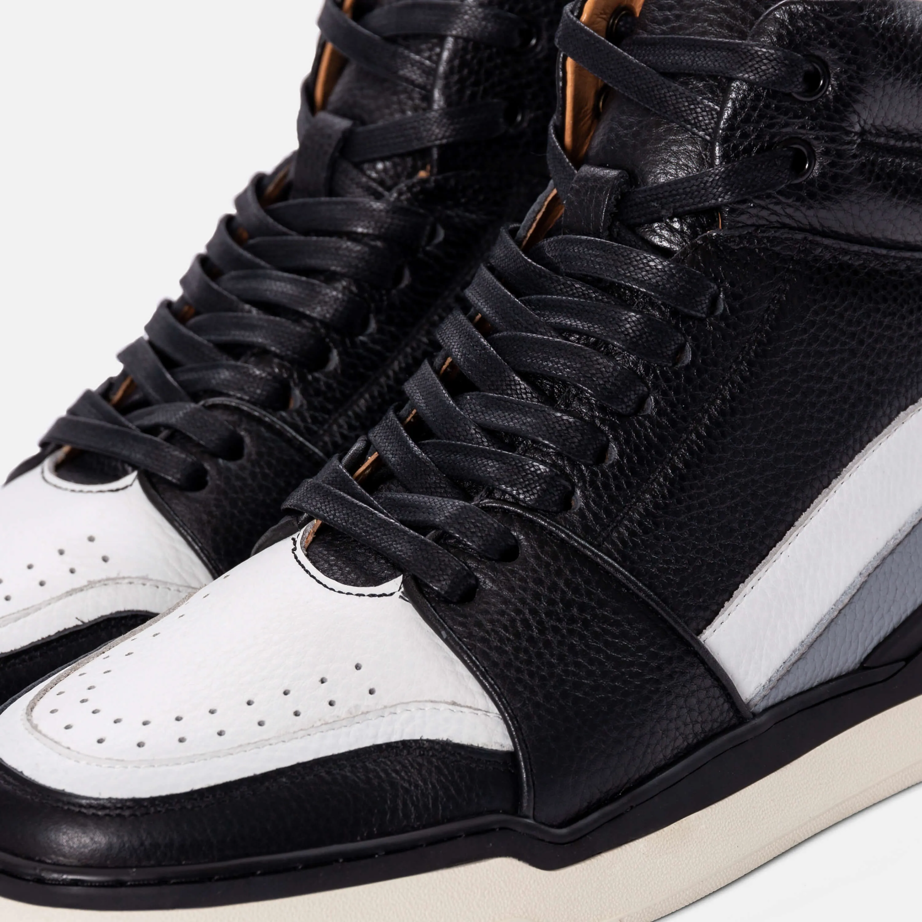 Poseidon Black/White Pebble Leather High Top Sneakers