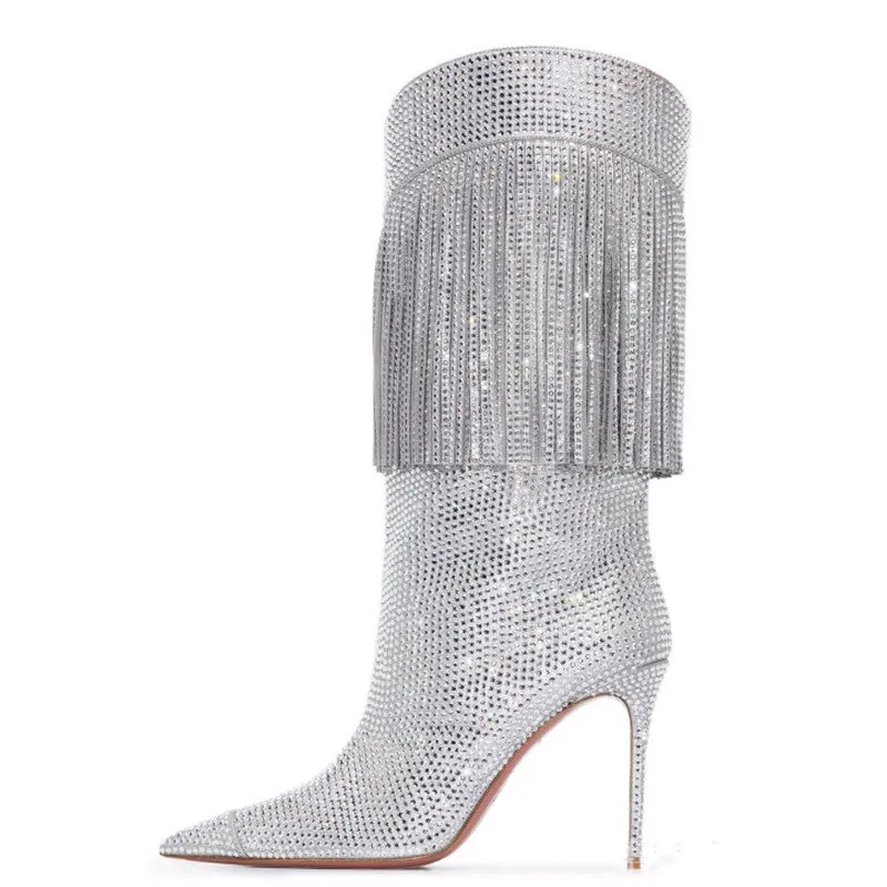 Rhinestone Fringe Crystal Mid-calf Boots