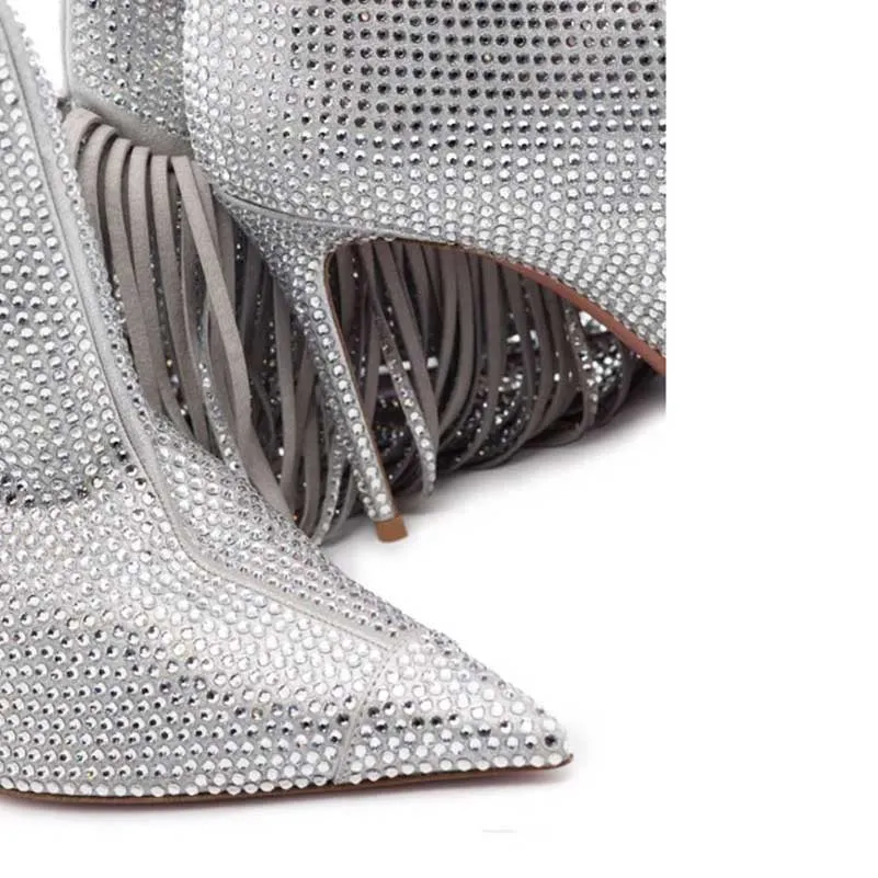 Rhinestone Fringe Crystal Mid-calf Boots