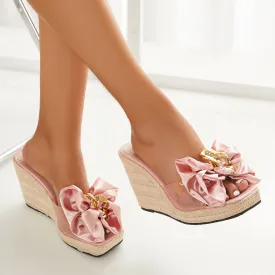 Sohiwoo Satin BowKnot Espadrille Platform Wedges Backless Slide Sandals