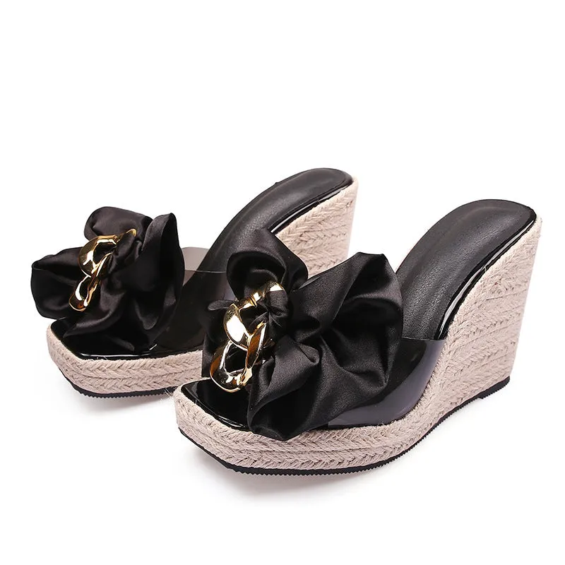 Sohiwoo Satin BowKnot Espadrille Platform Wedges Backless Slide Sandals