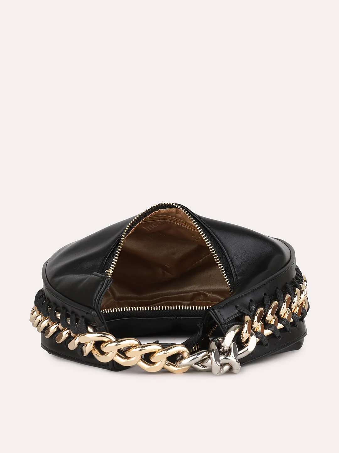 Women Black Solid Hobo Bag with Chain Detailing on Sides