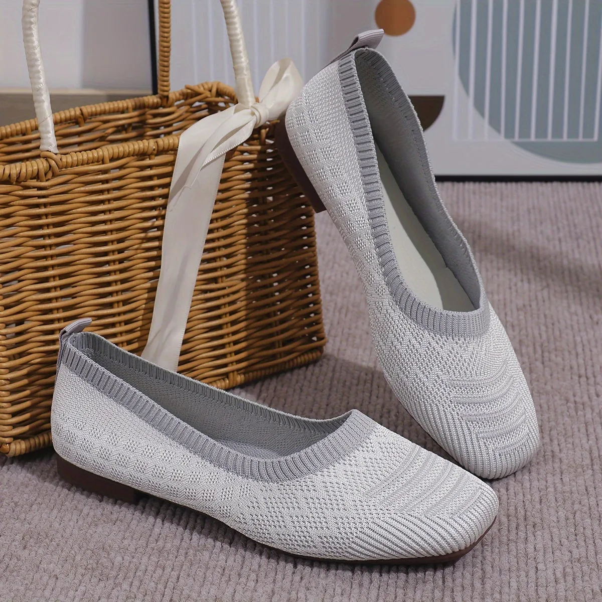 Women's Breathable Square Toe Slip-On Flats, Lightweight & Comfortable Casual Shoes