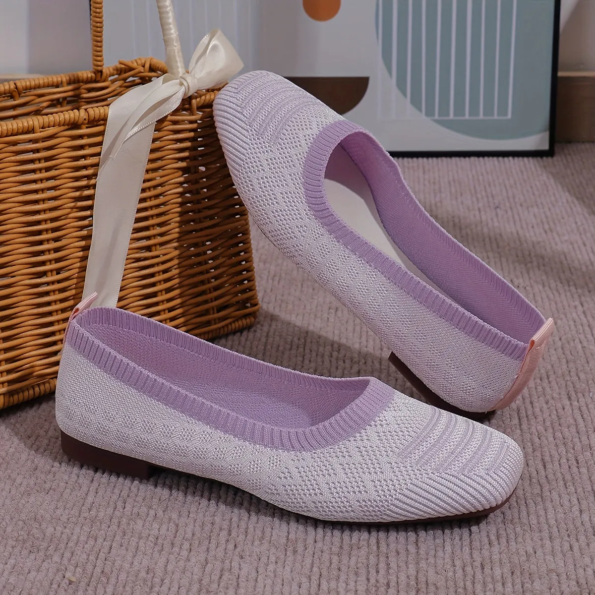 Women's Breathable Square Toe Slip-On Flats, Lightweight & Comfortable Casual Shoes